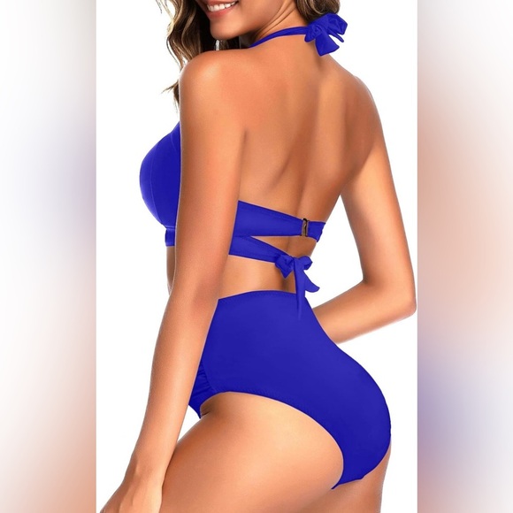 Two Piece Vintage Swimsuit Retro Halter Ruched High Waist Bikini with Bottom - Picture 4 of 6
